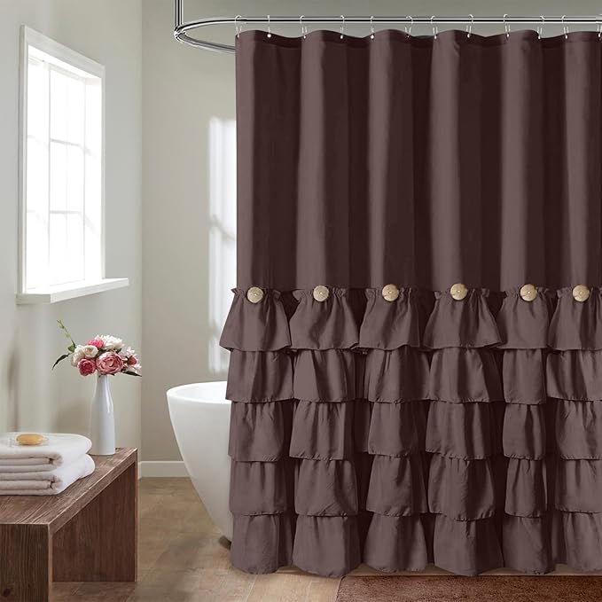 Seasonwood Brown Ruffle Shower Curtain Farmhouse Shower Curtain 72 X 72 | Natural button accents, layered fabric tiers, shabby chic and French country styling for decorative bathroom updates