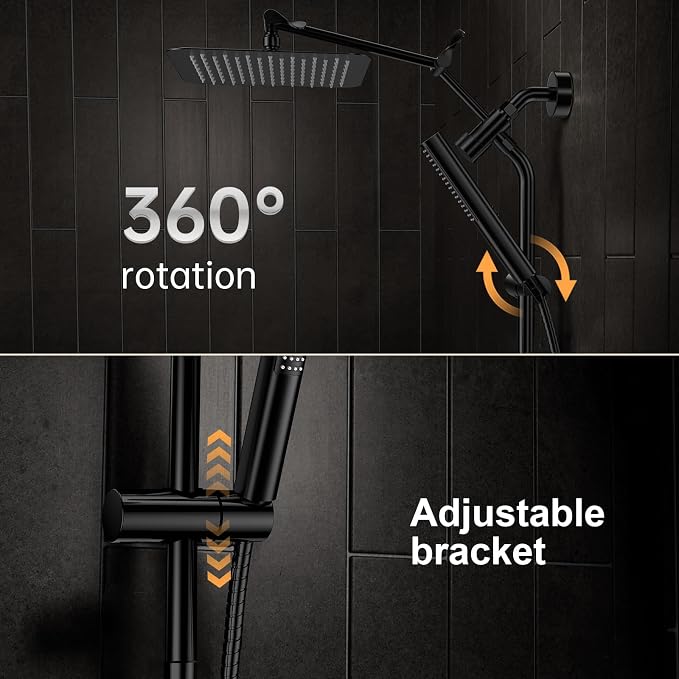 Veken All Metal 10" Luxurious Rain Shower Head with Handheld Spray,Square | Best Dual High Pressure Shower Heads Combo,Double Detachable Showerhead, Adjustable Rainfall,Bathroom Accessories,Matte Black