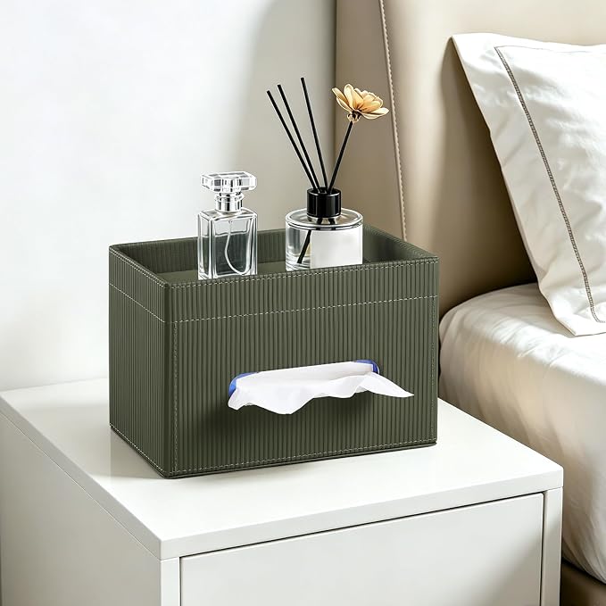 Rectangular Tissue Box Cover PU Leather Tissue Box Holder Rectangle | Magnetic Closure, Storage Tray, For All Full-Size Rectangular Tissue Box, For Bathroom NightStands Office Desk Decorative
