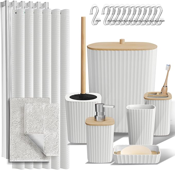 Clara Clark White Bathroom Set, Bathroom Sets with Shower Curtain and Rugs | 22 Piece Bathroom Accessories Set with Toothbrush Holder, Soap Dispenser, Soap Dish, Toilet Brush, and Bathroom Trash Can