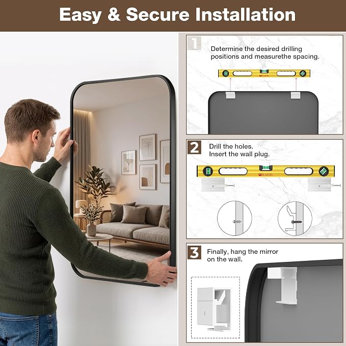 24"x36" Bathroom Mirrors for Over Sink, Matte Black Rectangle Vanity Mirror | Aluminum Alloy Frame, Clear Reflection, Rust-Resistant, Vertical or Horizontal, Wall Mount, Bedroom and Entryway