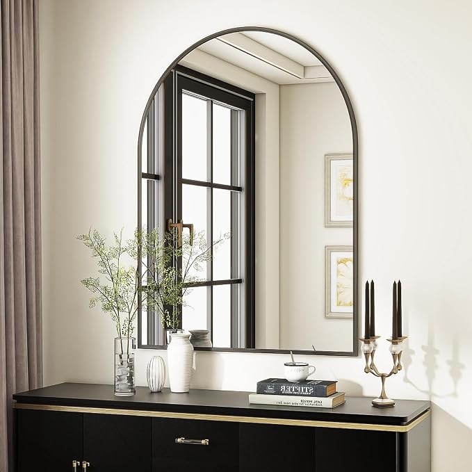 Arched Wall Mirror, 26 x 41 inch Arch Bathroom Mirror, Wall Mounted Vanity Mirror with Arch Metal Frame, Modern Bathroom Vanity Mirror for Bedroom, Living Room, Hanging or Leaning, Black