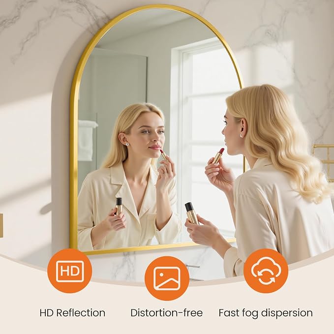 NEWBULIG 32"X30" Arched Bathroom Mirror for Over Sink, Wall Vanity Mirror | Tempered Glass, Anti-Rust Arched Metal Framed, Hanging or Leaning, Farmhouse Home Decor, Gold