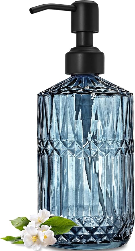 JASAI 18 Oz Blue Soap Dispenser with Black Rust Proof Pump | Refillable Bathroom Soap Dispenser with Thick Glass, Kitchen Soap Dispenser for Hand Soap, Dish Soap, Lotion.(Blue)