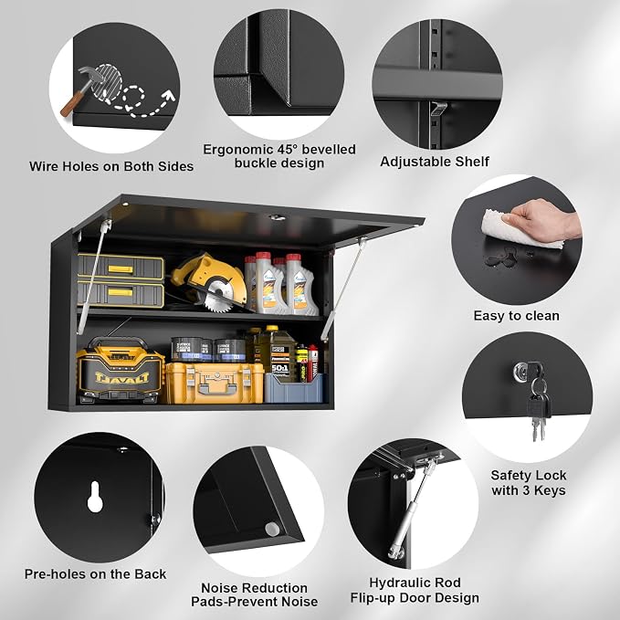 Garage Wall Cabinet, Metal Tool Cabinet with Lock&Adjustable Shelf | 20"H Wall Mounted Garage Storage Cabinets with Up-Flip Door, Black Steel Floating Locker for Basement, Workshop, Kitchen