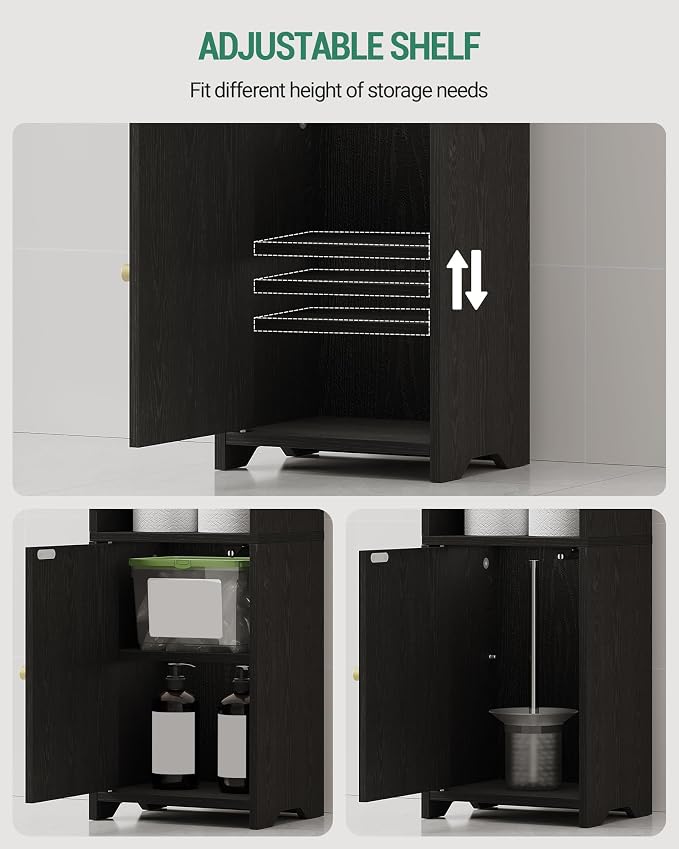 Hzuaneri Bathroom Storage Cabinet, Narrow Toilet Paper Cabinets with Doors | Small Corner Floor Cabinet with Doors and Adjustable Shelf, Bathroom Organizer for Small Spaces, Black BC39704X