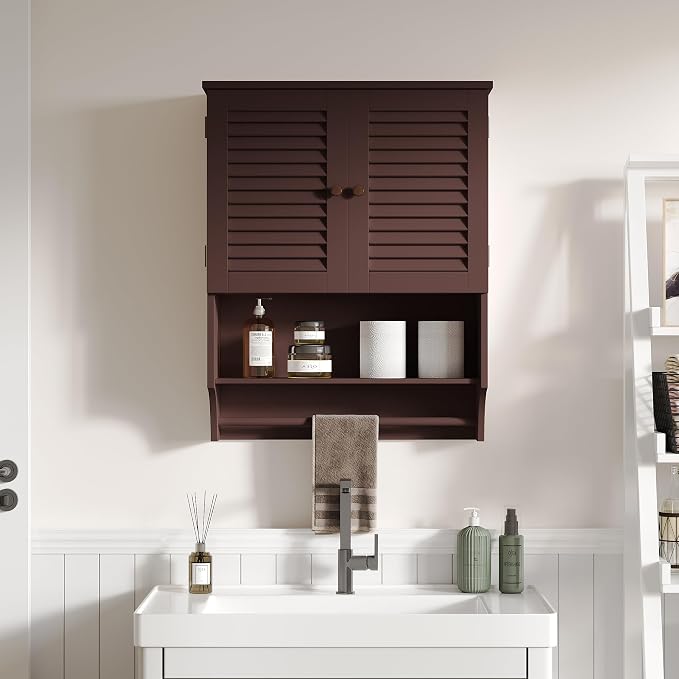 ChooChoo Bathroom Wall Cabinet with Towel Bar and Ample Storage | 23.6"L x 7.9"W x 27.5"H MDF Medicine Cabinet, Over The Toilet Space Saver Storage Cabinet with Adjustable Shelf, Espresso