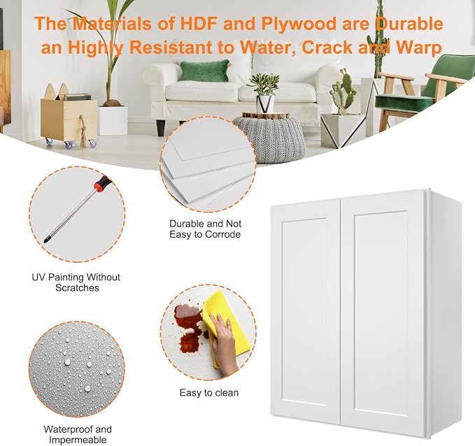 ROOMTEC Wood Wall-Mounted Cabinet,Bathroom Medicine Cabinet with Adjustable Shelves and 2 Soft-Close Doors,Laundry Storage Cabinet for Bathroom,Kitchen,Living Room 12" D*30" W*36" H,Shaker White