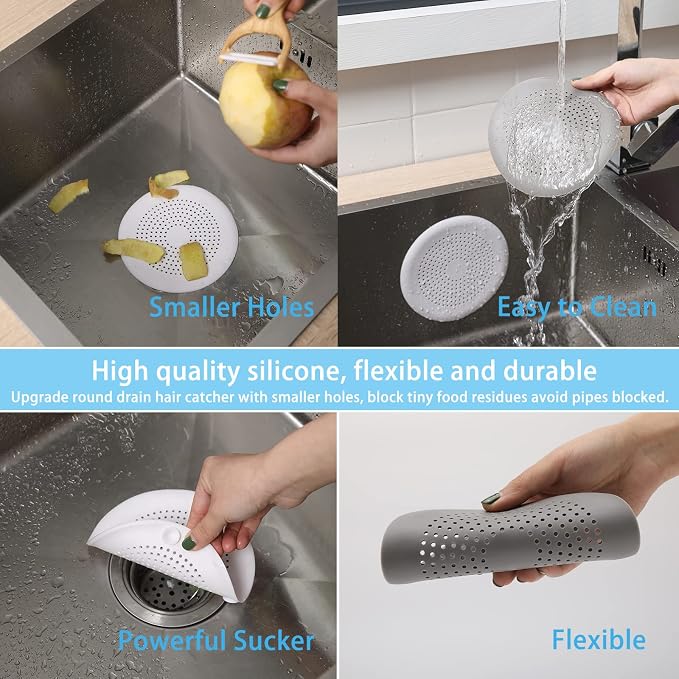 Drain Hair Catcher Durable Silicone Hair Stopper Shower Drain Covers Easy to Install and Clean Suit for Bathroom Bathtub and Kitchen (New Grey 4Pack)