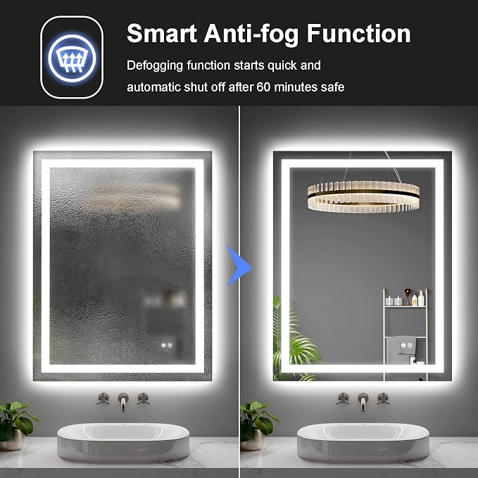 LED Bathroom Mirror 28"x36" Inch Lighted Bathroom Vanity Mirror with Lights, Brighter Frontlit and Backlit Light up Anti Fog Mirror, Tempered Glass, 3-Color Dimmable, Memory Function