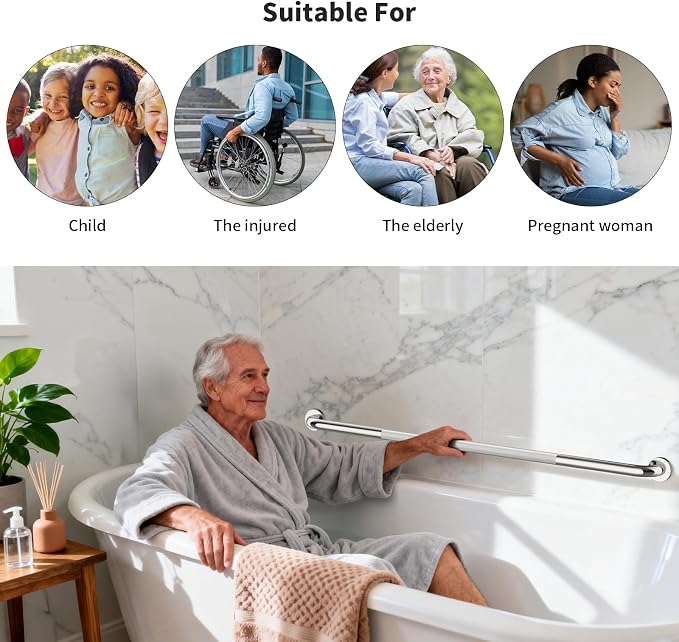 ZUEXT 48 Inch Poilished Chrome Anti Slip Shower Grab Bar with Knurled Grip | Extra Long Handicap Grab Bar for Wall, Stainless Steel Bathroom Handrail, Safety Support Bar for Seniors Elderly, 1.25" Dia