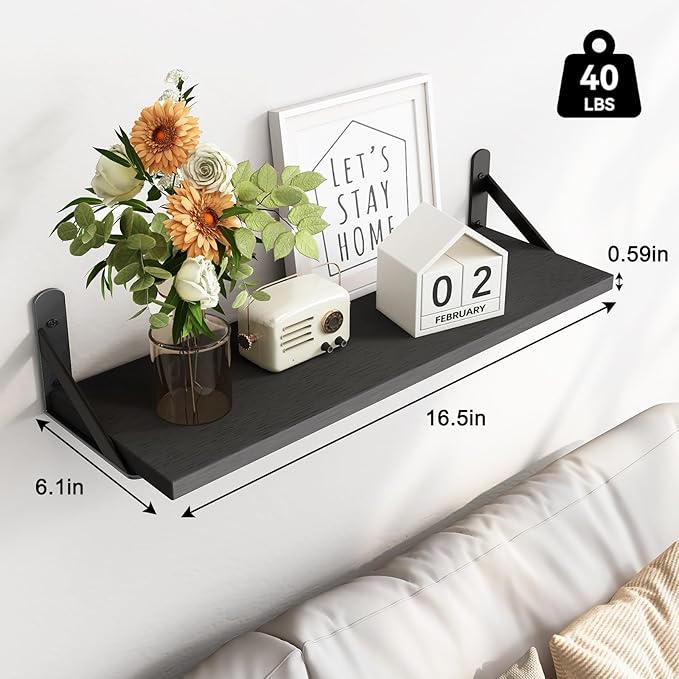 Fixwal Wall Floating Shelves for Home Decor (Black, Set of 3, 16.5 Inch) | Wood Shelves, Natural Grain, 40Lb Capacity, Sturdy Triangle Brackets, Versatile for Any Room