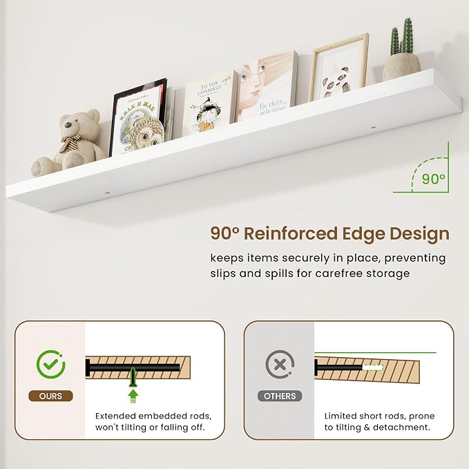 Marsmiles 72in Floating Shelves for Wall, 72" W x 9.25" D x 1.5" H, White | Long Wall Mounted Engineered Wood Shelves for Wall with Invisible Brackets for Living Room, Bedroom, Bathroom, Kitchen