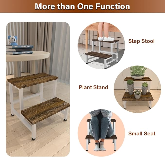 Wooden 2 Step Stool for Toddlers Kids and Adults, Heavy Duty Stepping Stools with 500 LB Load Capacity, Foot Step Stool for Bed, Living Room, Bathroom, Kitchen - Rustic Brown & White
