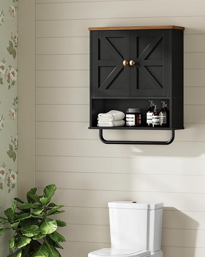 Bathroom Wall Cabinet, Medicine Cabinet with Open Partition and Towel Bar, Rustic Storage Cabinet with Open and Hidden Storage Space, for Bathroom, Living Room, Kitchen, Black and Walnut