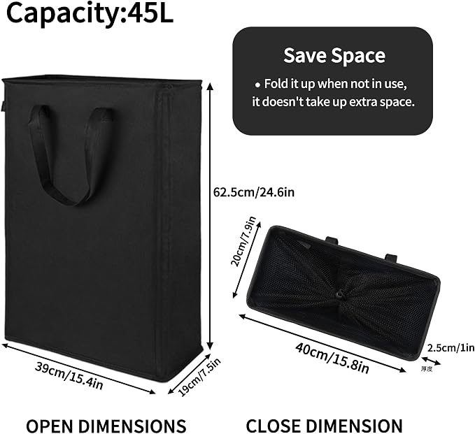 Odonata Slim Laundry Hamper Handles Collapsible Laundry Basket Thin Dirty Clothes Basket Narrow Laundry Bag Foldable Dirty Hamper 45L (Black)