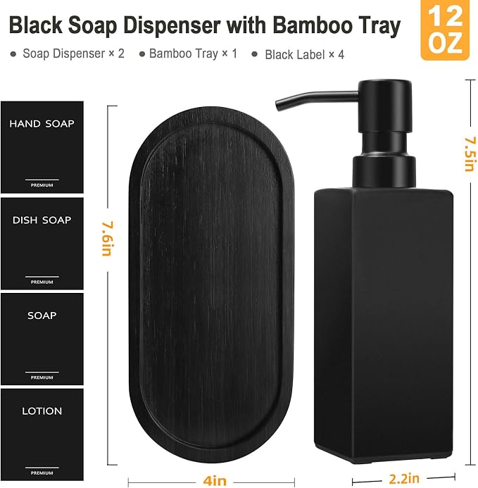 GMISUN Kitchen Soap Dispenser Set, Hand and Dish Soap Dispensers Set, Black Liquid Soap Dispenser with Tray, Refillable Dish Dispensers for Kitchen, Glass Soap Bottles with Stainless Steel Pump