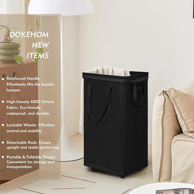 DOKEHOM 90L X-Large Rolling Laundry Basket Hamper on Wheels, Black | Collapsible clothes hamper with removable mesh wash bag. High-capacity foldable washing bin organizer