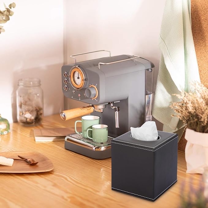 Sumnacon Square Leather Tissue Box Cover - Stylish Cube Tissue Box Holder with Magnetic Bottom, Decorative PU Tissue Box for Vanity Dresser Night Stand Table Countertop Home Office Car, Brown