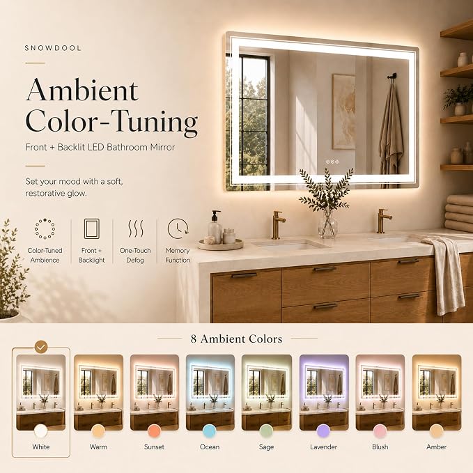 Snowdool 30 x 36 in RGB LED Bathroom Mirror, Front and Backlit, Anti-Fog | 8 RGB Backlight Modes, 3 Front Light Colors, Anti-Fog, Tempered Glass