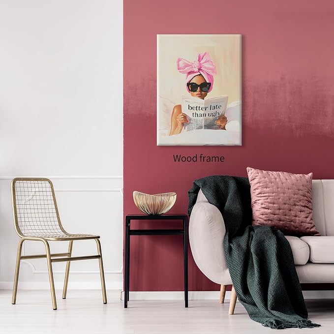 Better Late Than Ugly Canvas Wall Art Feminist Newspaper Quotes Poster Trendy Preppy Girly Aesthetic Prints 08x10 inch Framed for Bathroom Home Bedroom Wall Decor