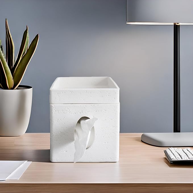 Hymmah Tray Tissue Box Cover Holder Unique Cube Design Tissue Dispenser Cover Decor for Vanity Counter Tops Also Great for Bedroom and Living Room White