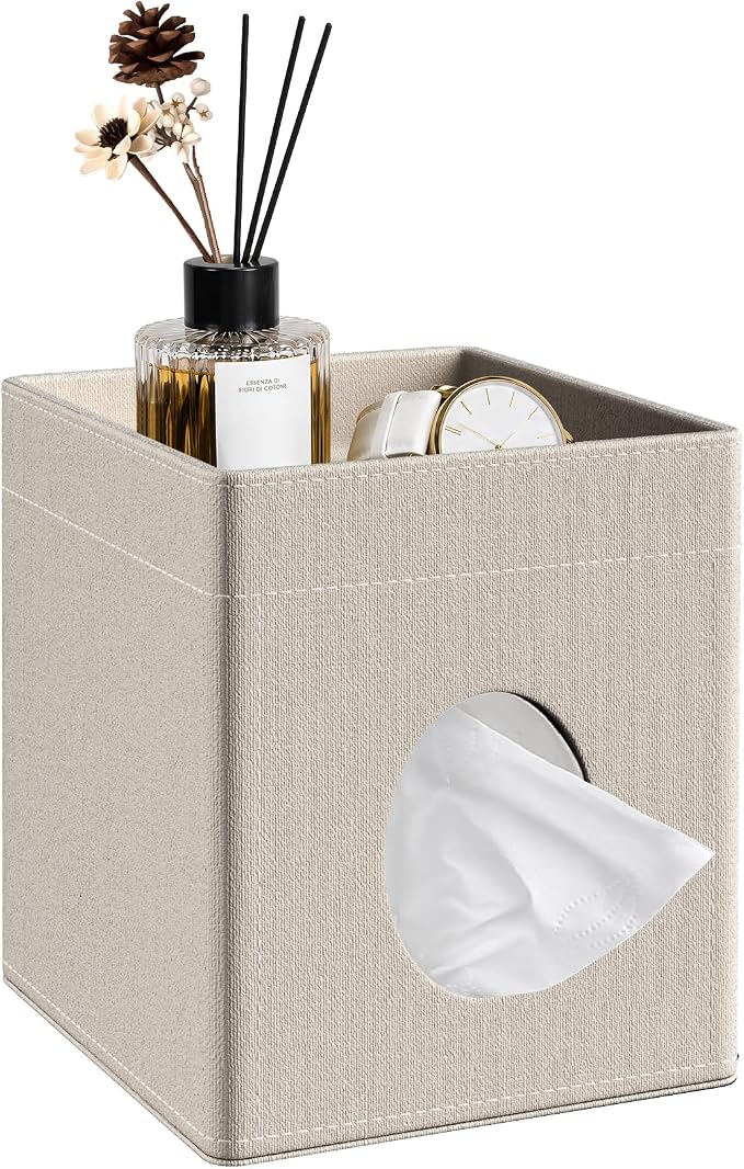 Square Tissue Box Holder with Storage Tray Tissue Box Cover, Tissues Cube Boxes Cover for Nightst, Dining Table, Dressing Table, Tea Table, Coffee Bar (Linen)