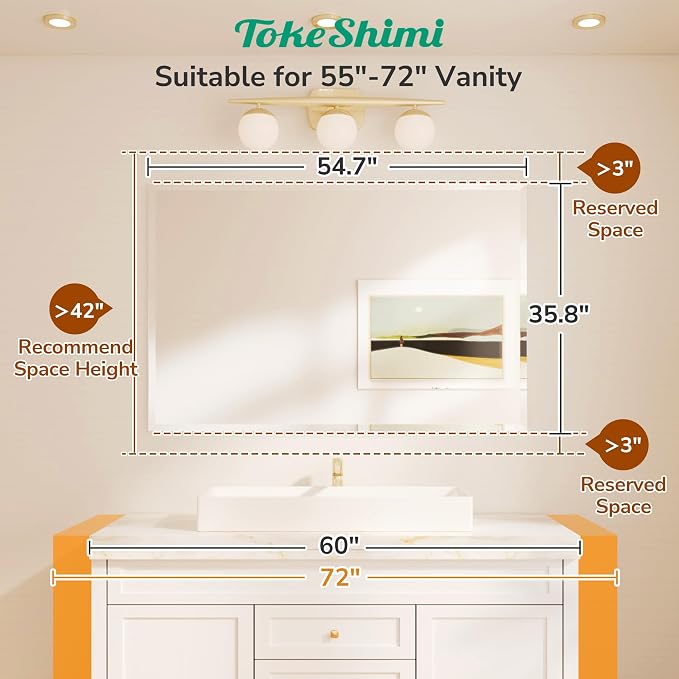 55x36 Rectangle Bathroom Vanity Mirror Beveled, Tempered Frameless Wall Mirror with 1" Beveled Edge, Shatterproof Farmhouse Mirror Wall Mounted for Living Room, Entryway, Restroom