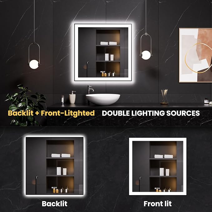 LOAAO 36"X36" LED Bathroom Mirror Black Framed | Anti-Fog, Dimmable, Memory Function, Tempered Glass, Lighted Vanity Mirror for Wall