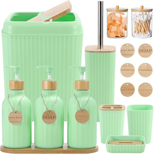XLHOMO Green Bathroom Accessories Set 17PCS Bathroom Set with Trash Can 3PCS Lotion Soap Dispenser, Toothbrush Holder, 6PCS Wood Tags Bath Accessories with Tray for Kitchen Bathroom
