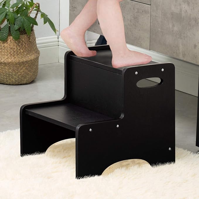 Toddler Step Stool, Wooden 2 Step Stools for Bathroom Sink Potty Training Kitchen Dual Height Stool Helper for Kids Bonus Non-Slip Pads and Handles for Safety (Black)