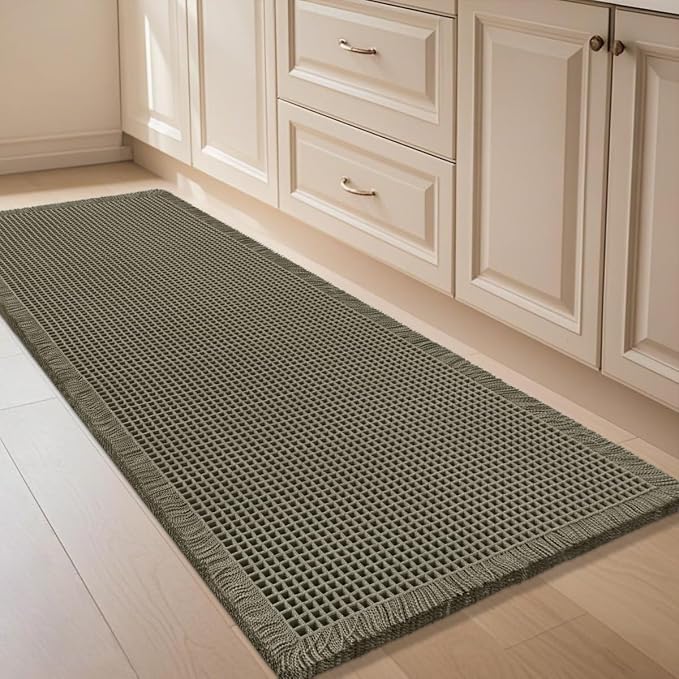 Waffle Bath Mat Olive Green 4'x2', Boho Woven Modern Bath Mat Rugs, Absorbent Non Slip Bathroom Rugs, Soft Washable Bath Rugs with Tassels for Bathroom, Bedroom, Kitchen, Shower, Tub