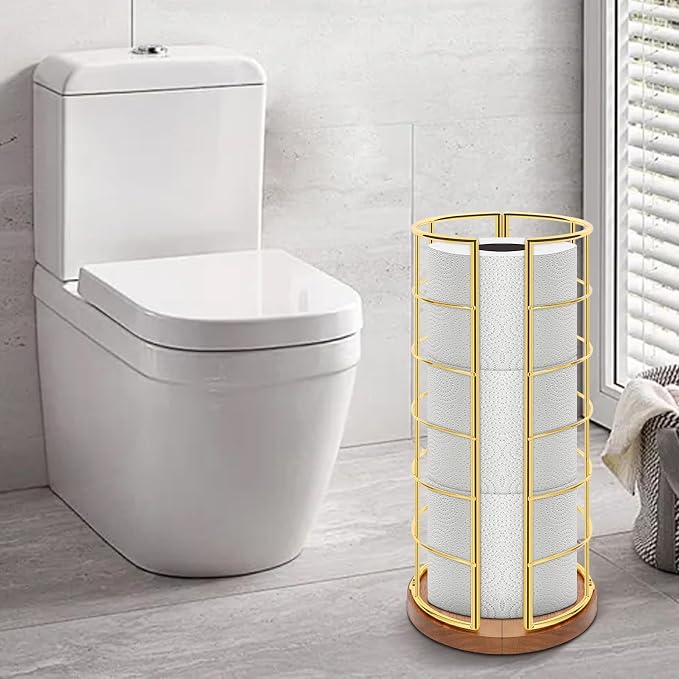 NearMoon Toilet Paper Organizer Stand, Freestanding 3 Rolls Tissue Storage, Metal Bathroom Accessory, Rustproof Toilet Roll Holder for Kitchen Countertop Inside Cabinet Shelf(Wooden Base, Gold)