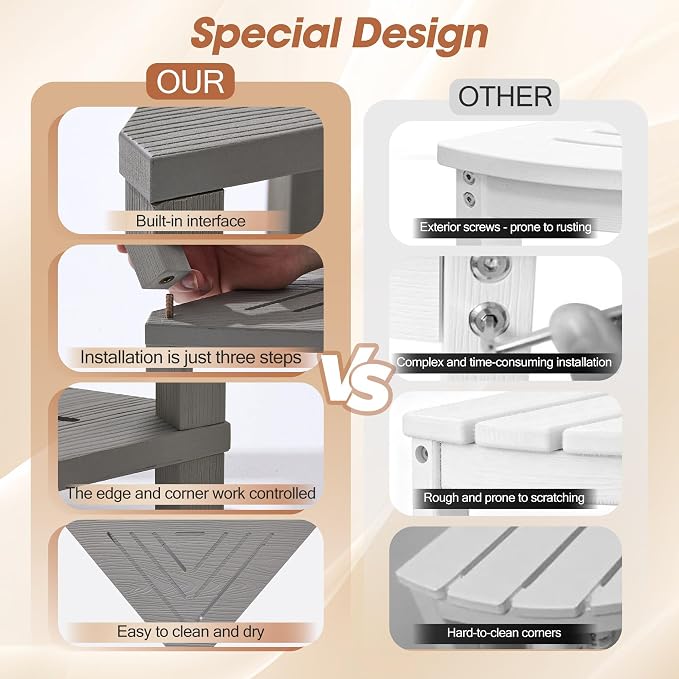 Corner Shower Stool with Storage Shelf, HDPS Waterproof Shower Foot Rest for Shaving Legs, 2-Tier Triangle Bathroom Stool for Inside Shower, Non-Slip Small Shower Bench, Gray