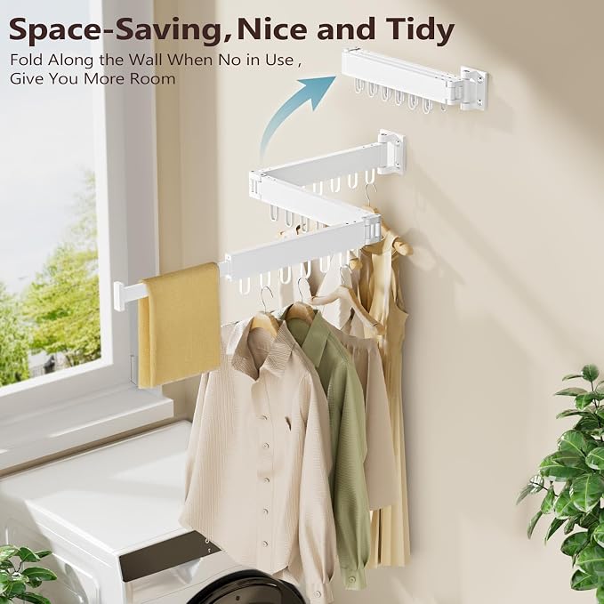 Clothes Drying Rack Wall Mounted, Space-Saving Drying Rack Clothing, Collapsible Foldable Retractable Laundry Rack with 18 Hooks, Indoor/Outdoor, White