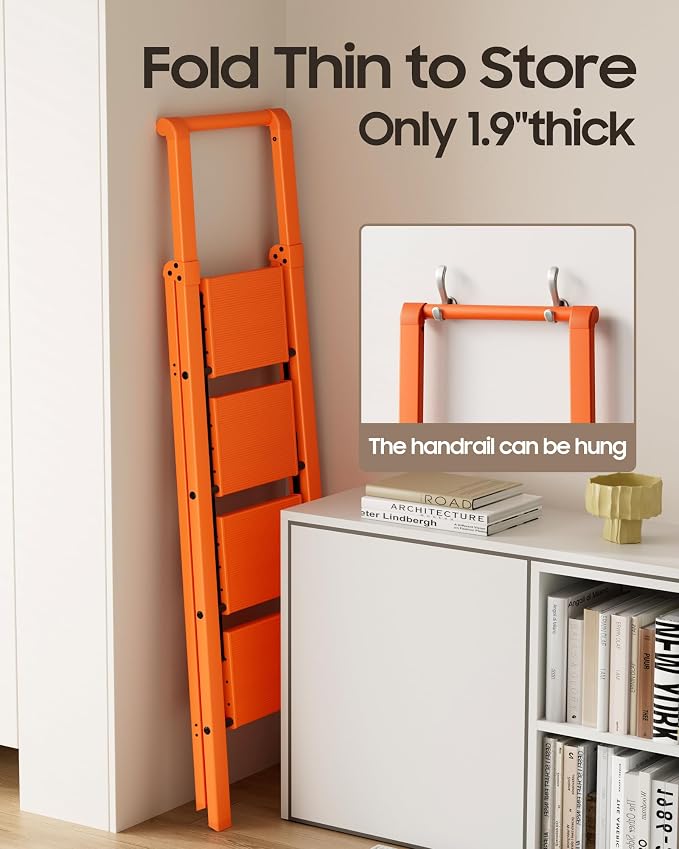 HillhutApex Aluminum 4 Step Ladder, Step Stool Foldable Ladder(Orange) | Stepladder with Handgrip,Anti-Slip Pedals,330lbs Capacity,Lightweight Portable Folding Ladder for Home,Office,Libaray
