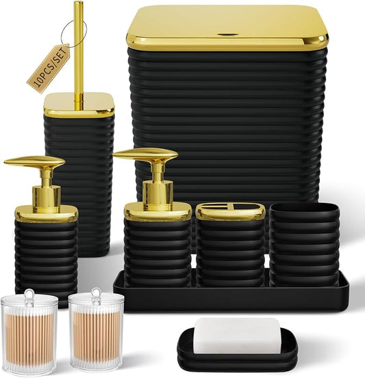 Bathroom Set - 10PC Bathroom Accessory Set, Black Bathroom Set, Luxury Bathroom Accessories Set, Trash Can, Toilet Brush, Soap Dish, Qtip Holder & Soap Dispenser