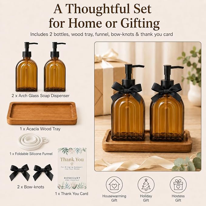 2 Pack Arch Glass Kitchen Soap Dispenser with Acacia Wood Tray, 11oz Amber Rainbow Decorative Hand Soap Dispenser with Rustproof Pump, Refillable Liquid Dispenser for Kitchen, Bathroom, Countertop