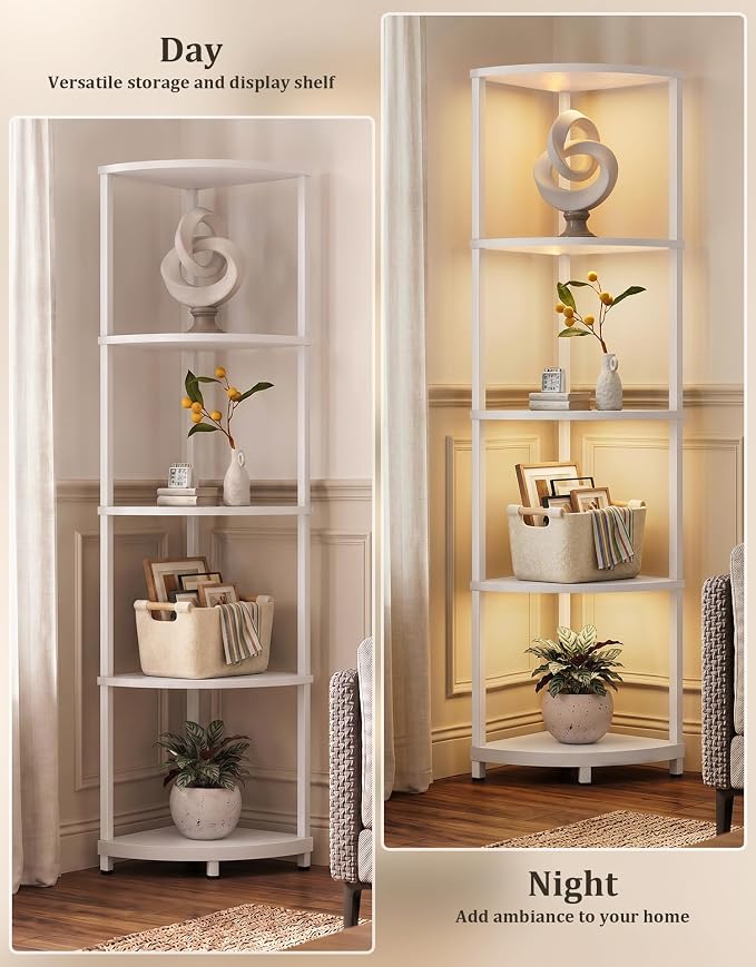 Corner Shelf with LED Light, 5 Tier Smart Color Changing Floor Lamp with Remote, 62" Display Shelf Bookshelf Narrow Storage Rack Standing Lamp for Living Room Bedroom Home Office Decor, White