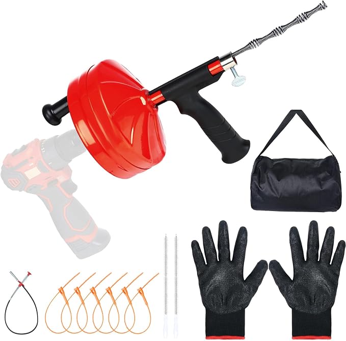 50 Ft Drain Auger,Use Manually or Drill Powered 50 Feet Drain Snake,Heavy Duty Flexible Plumbing Snake,With Gloves and Storage Bag for Kitchen Sink, Shower Drain (50FT, Red)