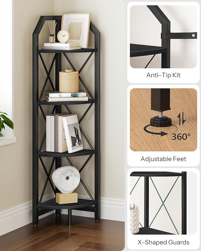 4-Tier Corner Shelf, Industrial Corner Bookshelf, 47.6" Corner Storage Stand, Plant Stand Display Shelf, Corner Bookcase for Bedroom, Living Room, Home Office, Black TCJ09BB
