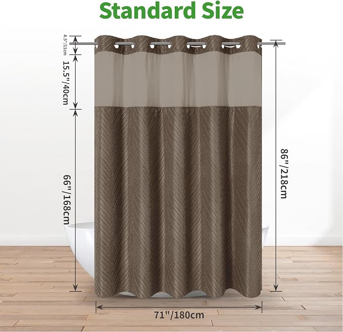 eachope no Hook Shower Curtain and Liner Set，Boho Style with See Through Top Window, Brown Fabric Tufted Striped Textured Outer Curtain & Waterproof Inner Liner, Brown, 71Wx86H