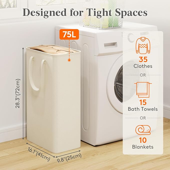 Lifewit Slim Collapsible Laundry Basket with Handles, 75L, Ivory | Narrow Laundry Hamper for Dirty Clothes, Tall Thin Laundry Bin, Small Clothes Hamper for Bathroom, Bedroom, RV, Dorm