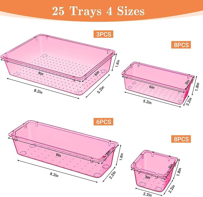 SpaceHacks 25 PCS Plastic Drawer Organizer, 4-Size Versatile Organizer Trays & storage Bins
