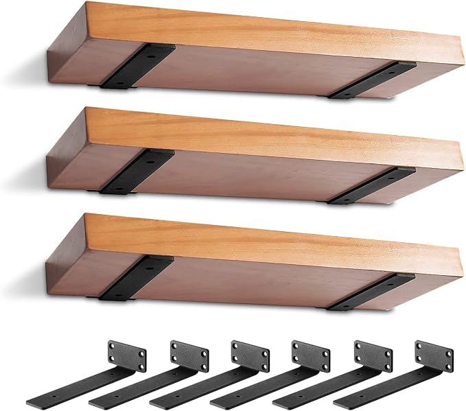 6 Pack Heavy Duty Metal Shelf Brackets 12 inch Long,Black | L-Shaped Wall Shelf Bracket Hidden & Decorative Shelf Bracket,1/5”-Thick,150 lbs of weight capacity
