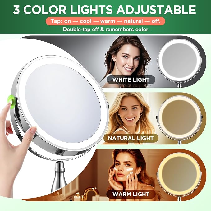 30x Magnifying Mirror, Chrome Lighted Makeup Mirror with 3 Colors Modes | Adjustable Brightness, 5000mAh Rechargeable, 360° Rotation Double Side, Large Magnifying Vanity Mirror, Gifts for Women