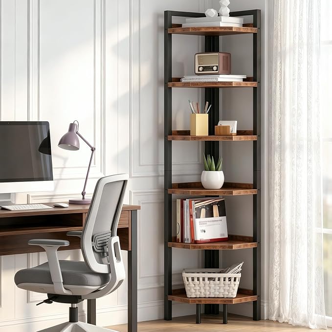 6-Tier Corner Shelf, Tall Corner Bookshelf, Freestanding Storage Stand, Display Shelving for Living Room, Bedroom, Home Office, Rustic Brown and Black TCJ39BF