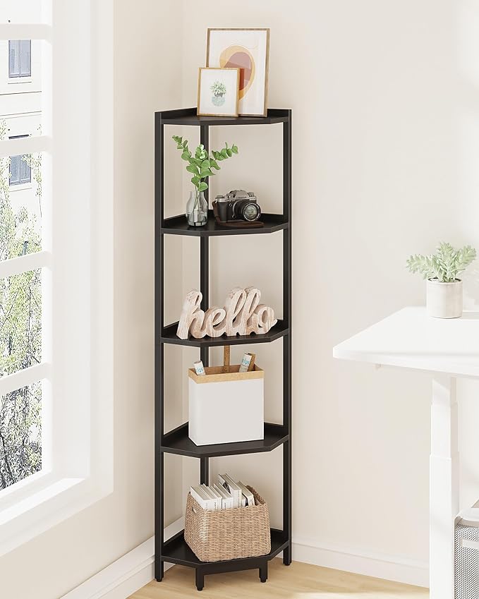 Hzuaneri Corner Shelf Stand 5-Tier Corner Bookshelf Storage Standing Shelf | Bookcase Plant Stand with Metal Frame for Living Room, Home Office, Bedroom, Black CS05906B