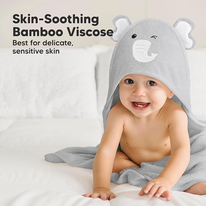 KeaBabies Hooded Baby Towel for Newborn, Baby Bath Towels (Elephant, 30x30) | Viscose Derived from Bamboo, Large Baby Towels with Hood, Boys, Girls, Toddler, Soft Absorbent Baby Bath Essentials