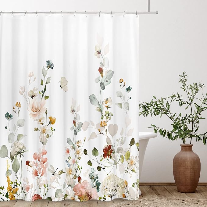 Tititex Colorful Blooming White Floral Shower Curtain Sets, Watercolor Pink Red Flowers Butterflies Tropical Bathroom Decorative 71x84 Inch Polyester Waterproof Fabric Bath Curtain with Hooks